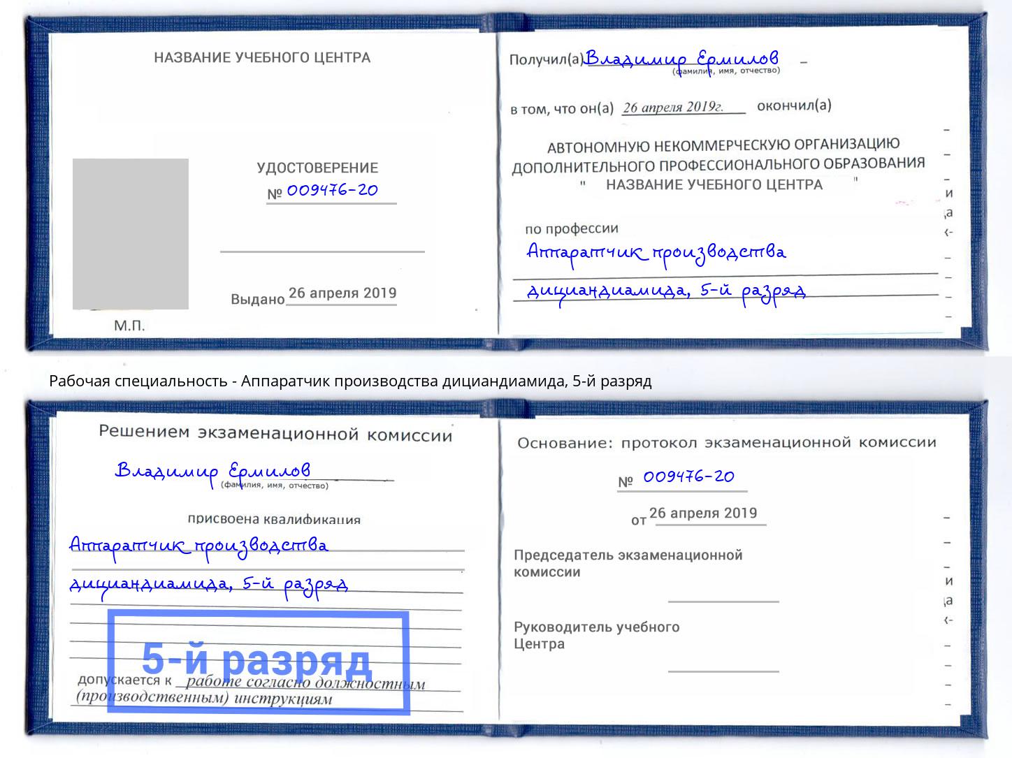 корочка 5-й разряд Аппаратчик производства дициандиамида Железногорск (Курская обл.)