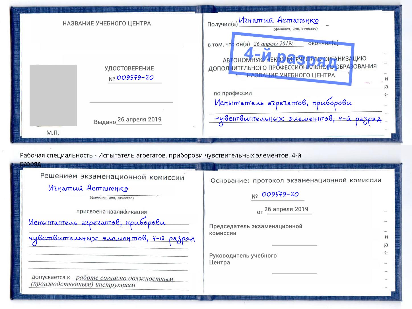 корочка 4-й разряд Испытатель агрегатов, приборови чувствительных элементов Железногорск (Курская обл.)