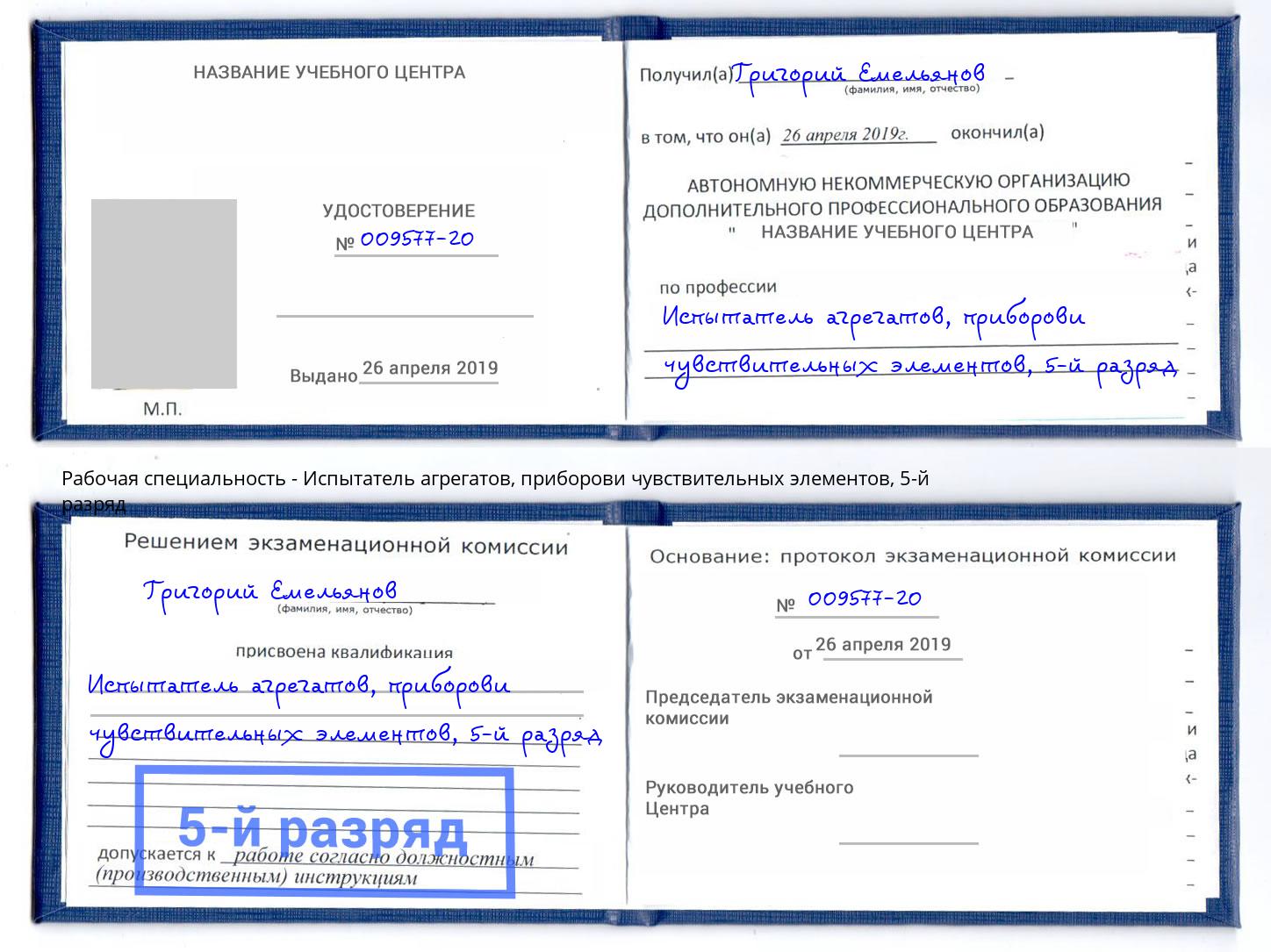 корочка 5-й разряд Испытатель агрегатов, приборови чувствительных элементов Железногорск (Курская обл.)