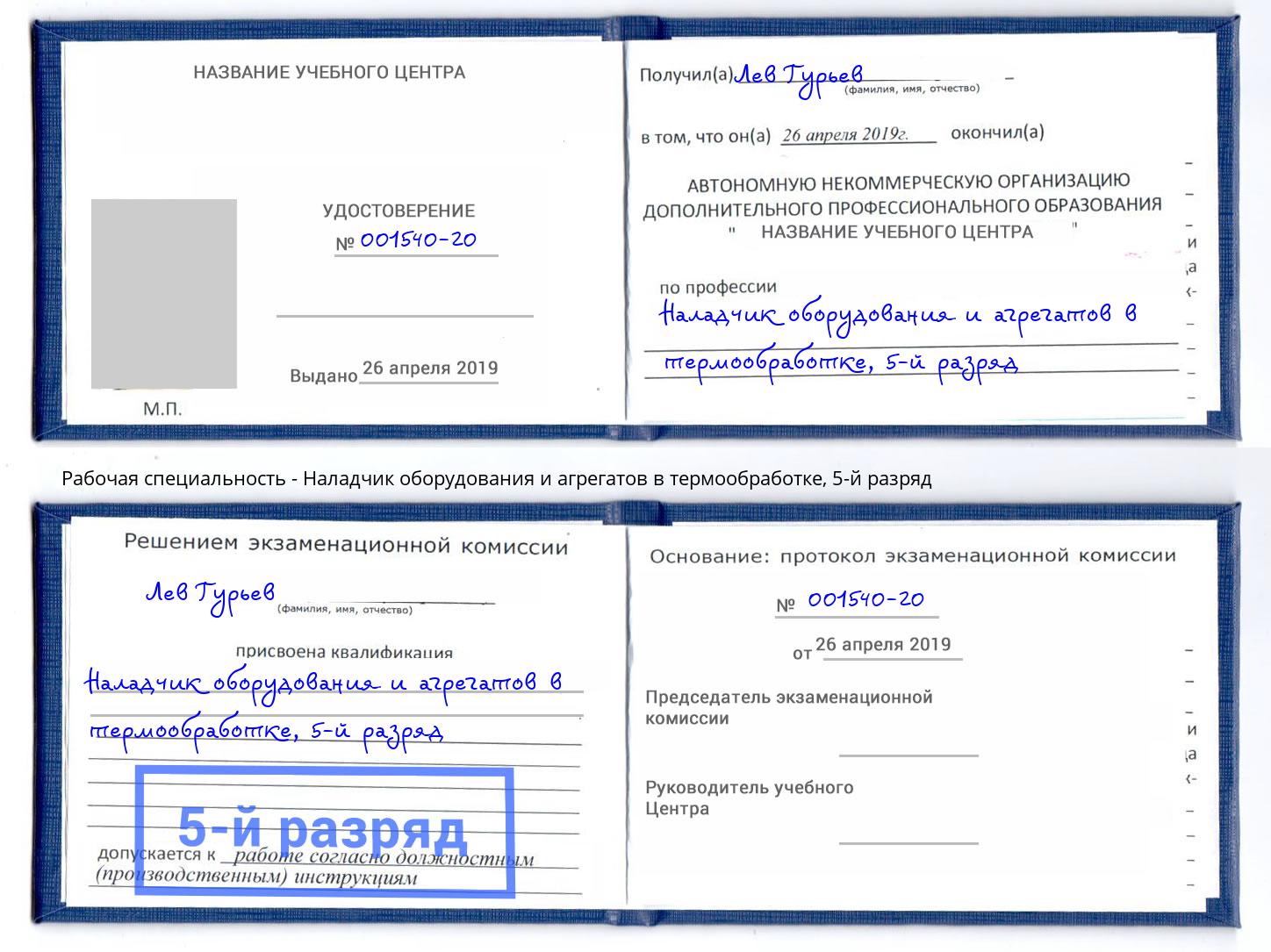 корочка 5-й разряд Наладчик оборудования и агрегатов в термообработке Железногорск (Курская обл.)