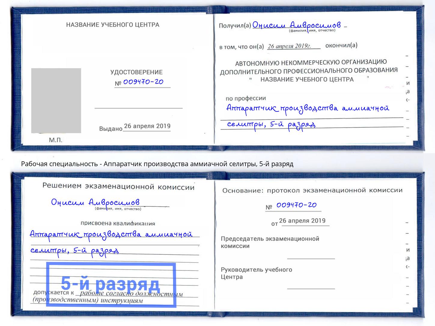 корочка 5-й разряд Аппаратчик производства аммиачной селитры Железногорск (Курская обл.)