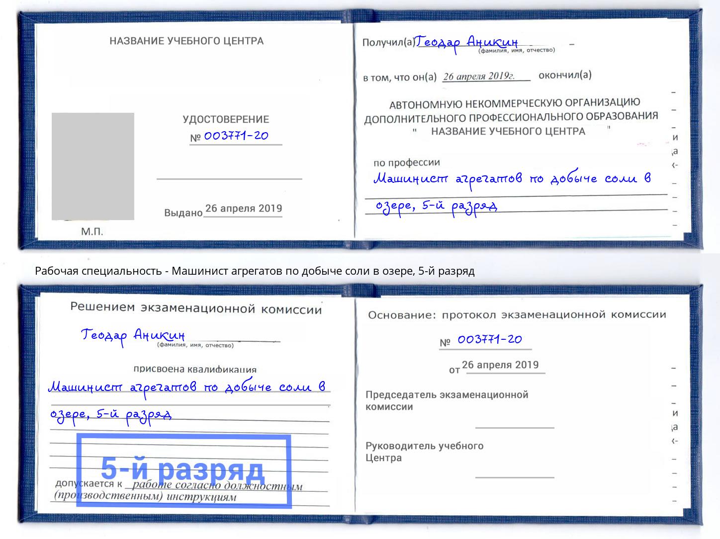 корочка 5-й разряд Машинист агрегатов по добыче соли в озере Железногорск (Курская обл.)