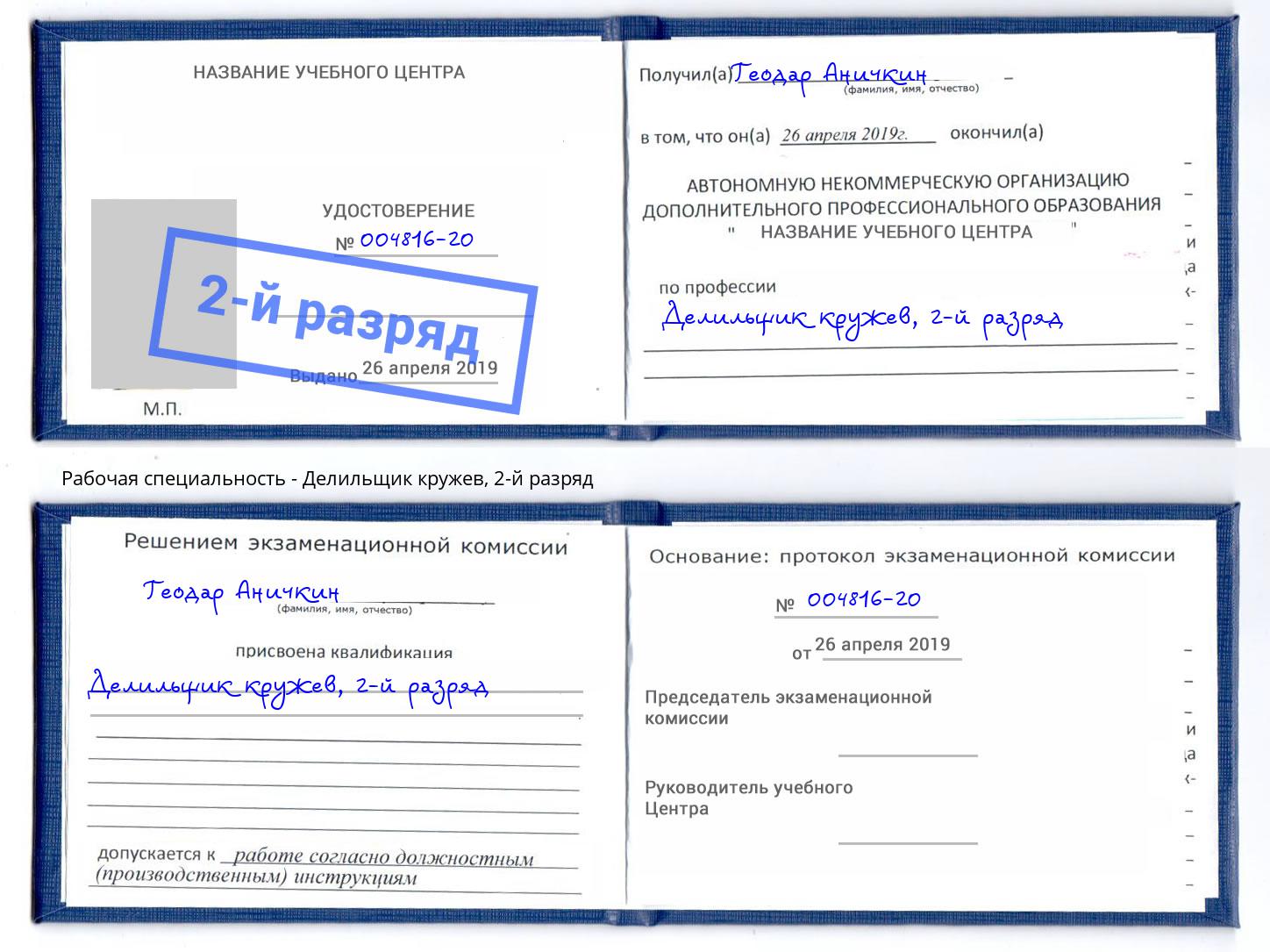 корочка 2-й разряд Делильщик кружев Железногорск (Курская обл.)