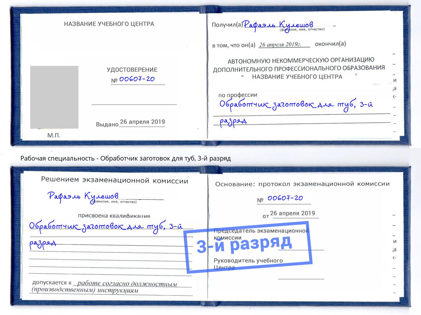 корочка 3-й разряд Обработчик заготовок для туб Железногорск (Курская обл.)