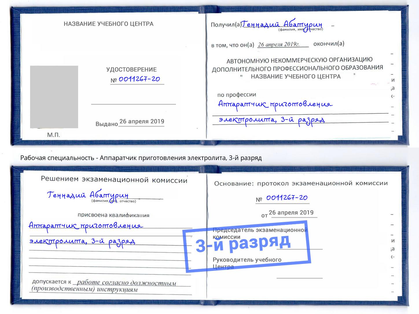 корочка 3-й разряд Аппаратчик приготовления электролита Железногорск (Курская обл.)