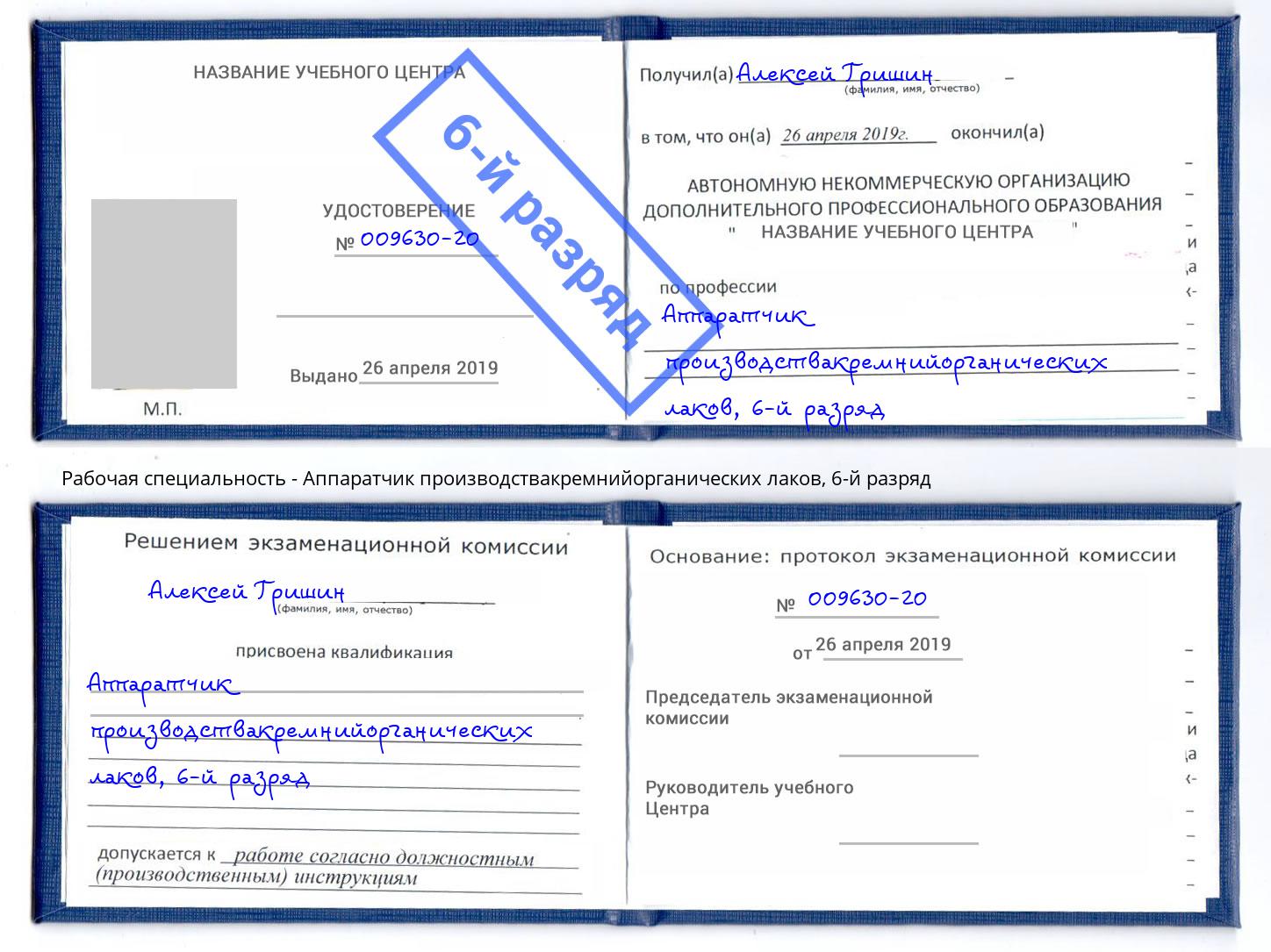 корочка 6-й разряд Аппаратчик производствакремнийорганических лаков Железногорск (Курская обл.)