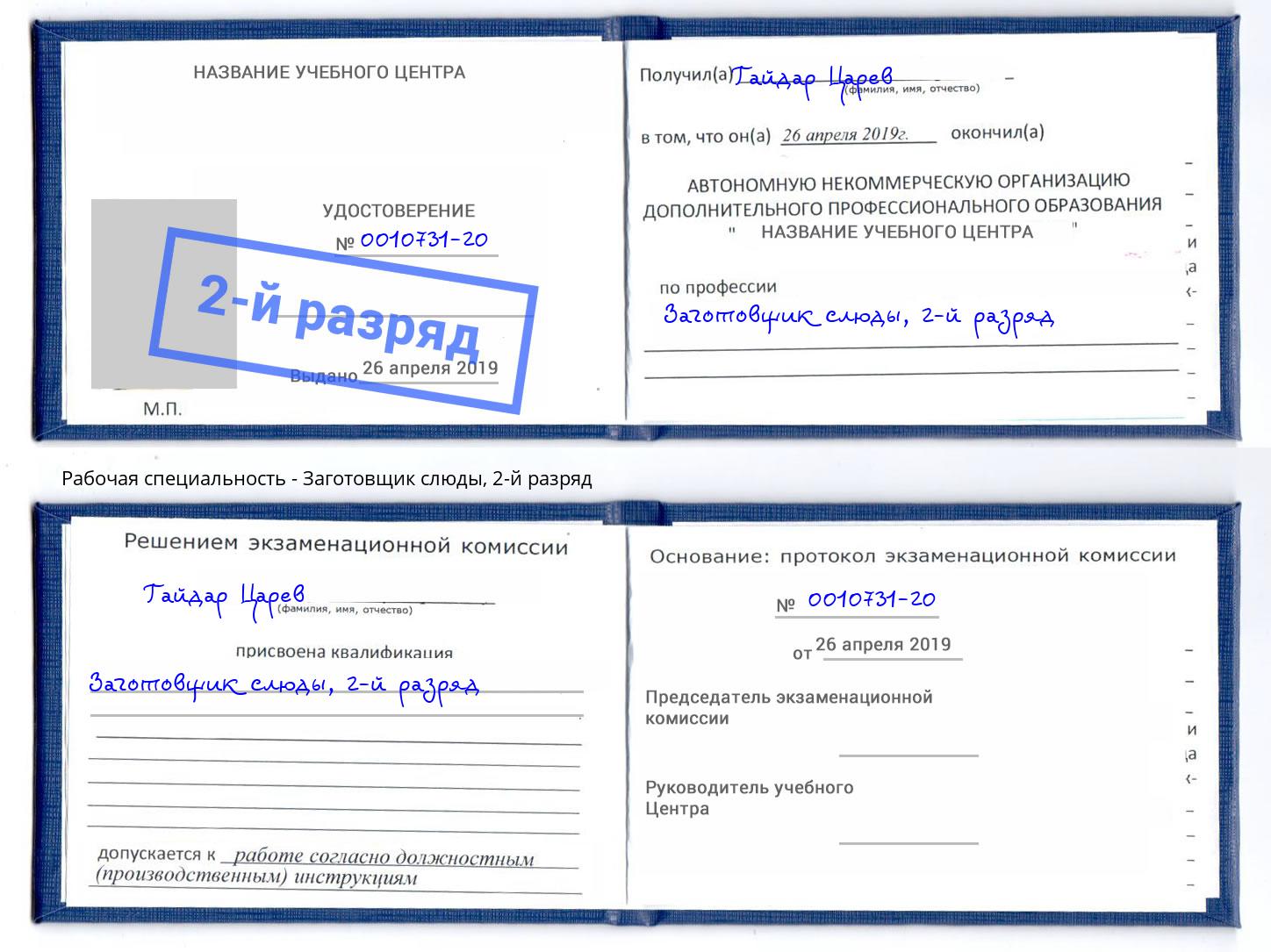 корочка 2-й разряд Заготовщик слюды Железногорск (Курская обл.)