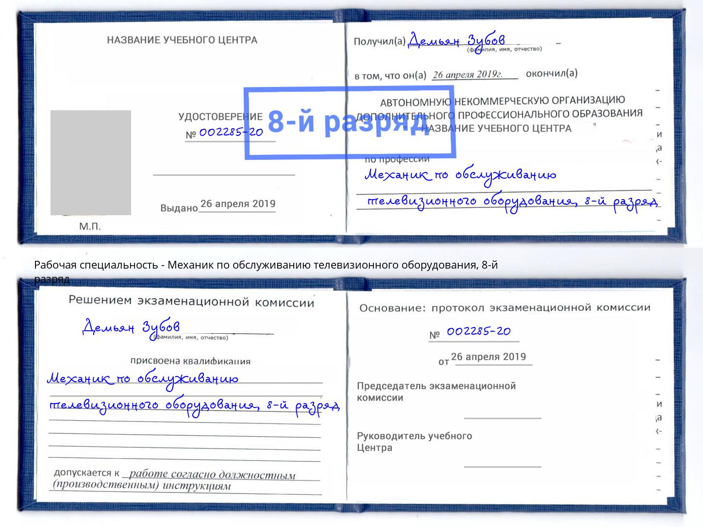 корочка 8-й разряд Механик по обслуживанию телевизионного оборудования Железногорск (Курская обл.)