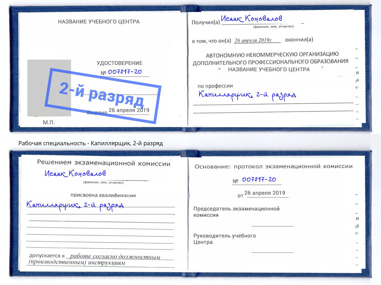 корочка 2-й разряд Капиллярщик Железногорск (Курская обл.)