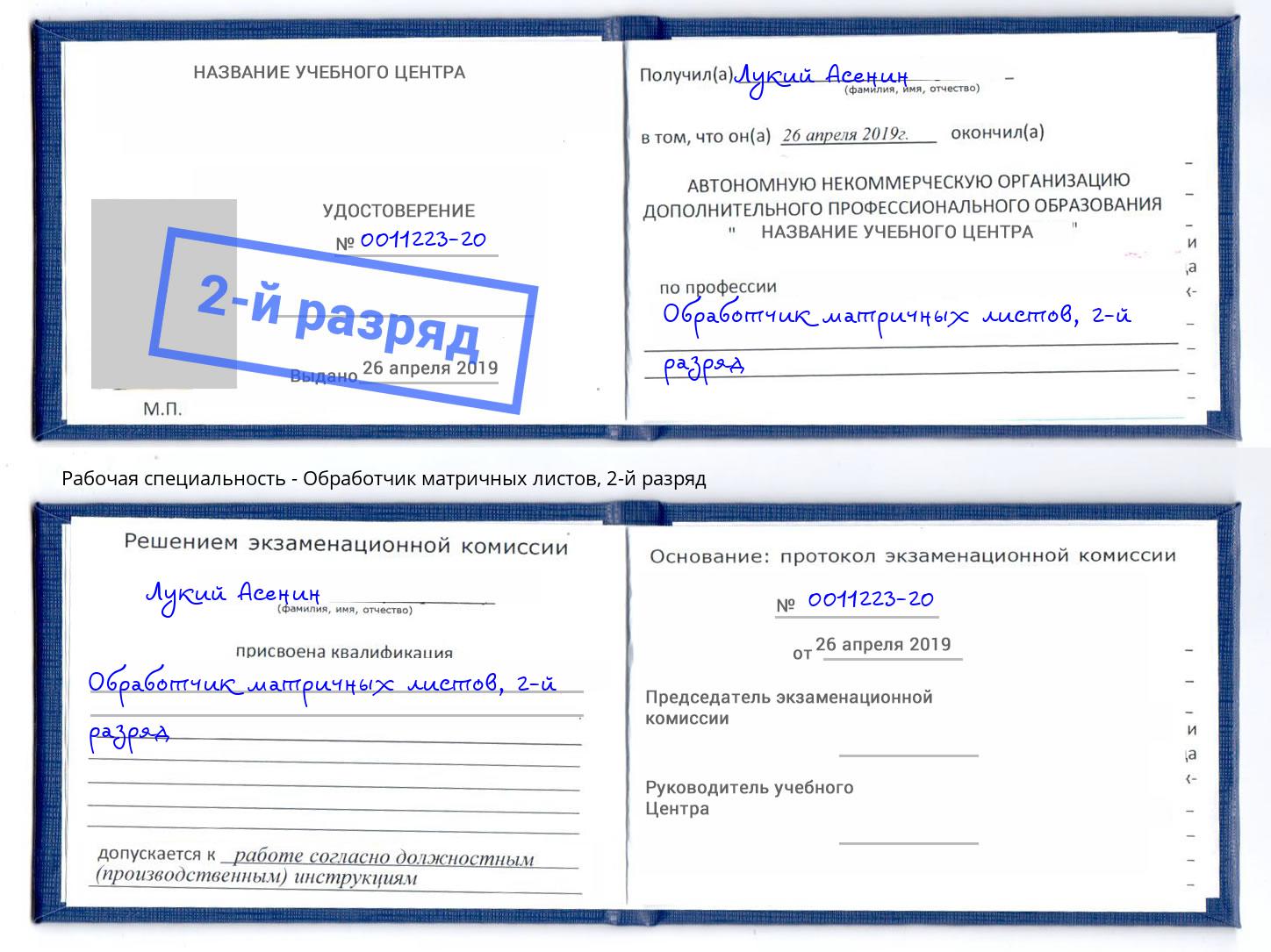 корочка 2-й разряд Обработчик матричных листов Железногорск (Курская обл.)