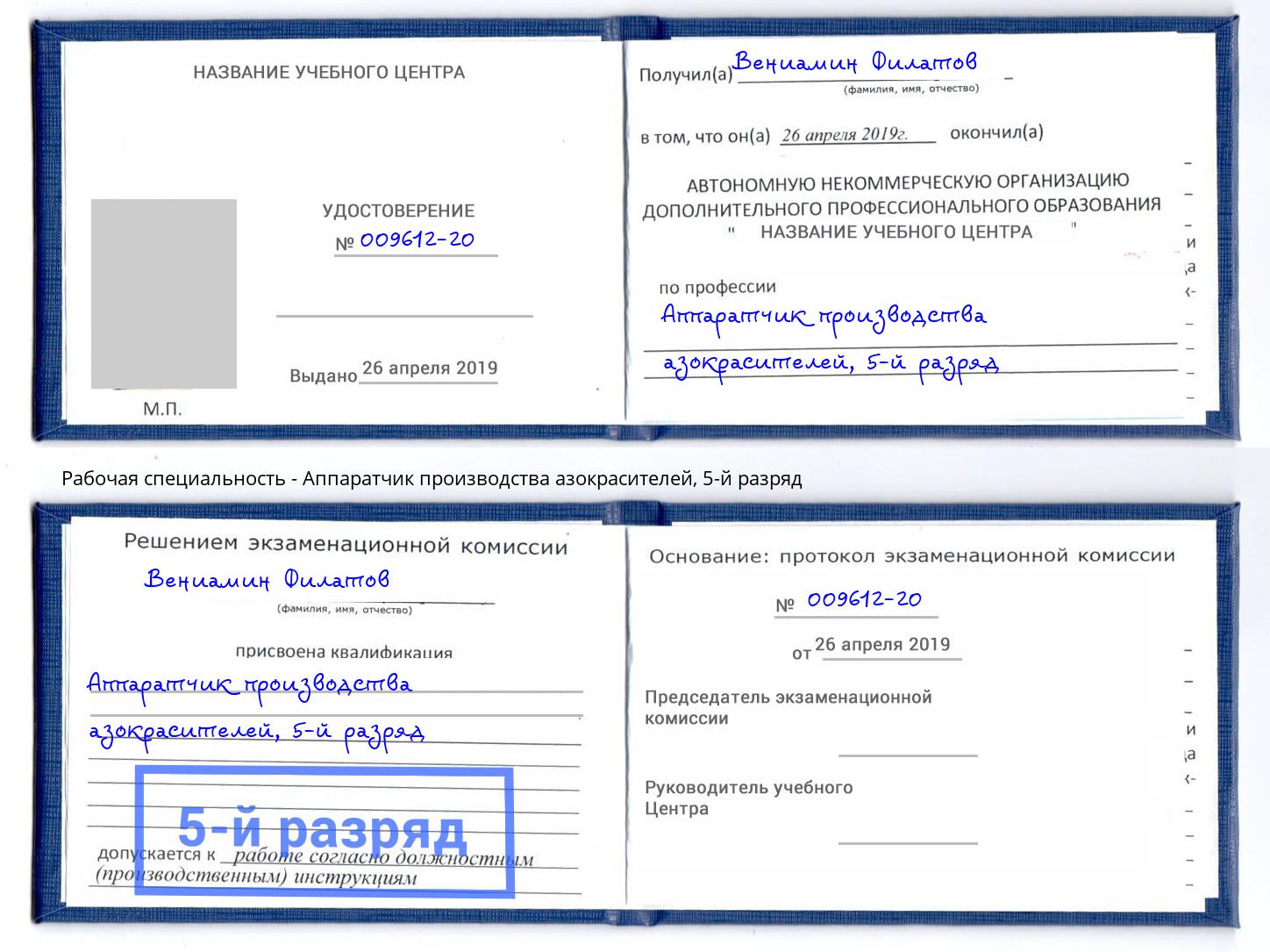 корочка 5-й разряд Аппаратчик производства азокрасителей Железногорск (Курская обл.)