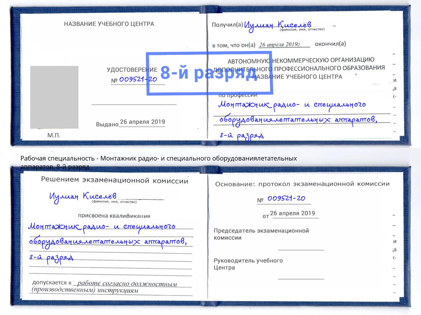 корочка 8-й разряд Монтажник радио- и специального оборудованиялетательных аппаратов Железногорск (Курская обл.)