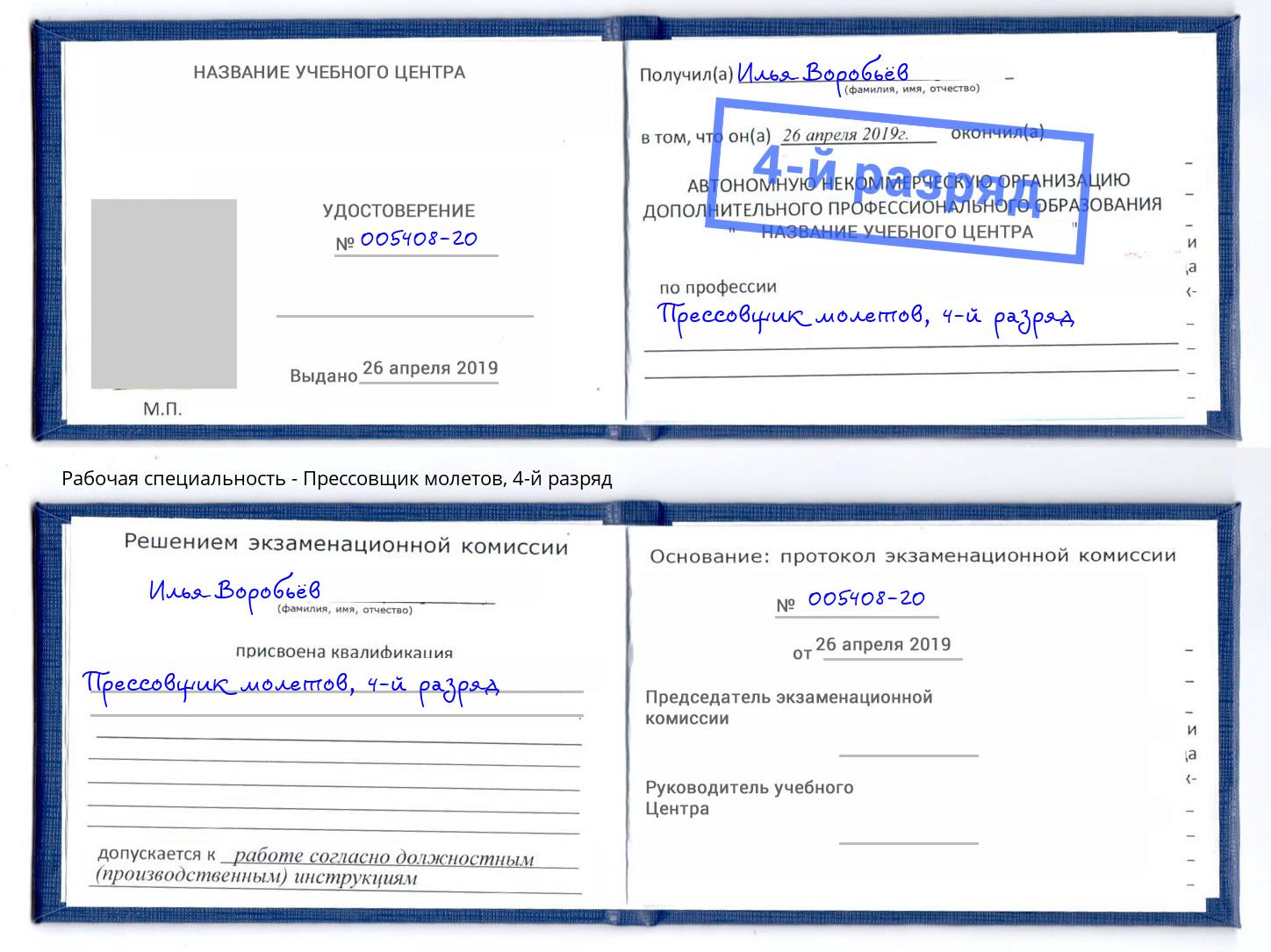 корочка 4-й разряд Прессовщик молетов Железногорск (Курская обл.)