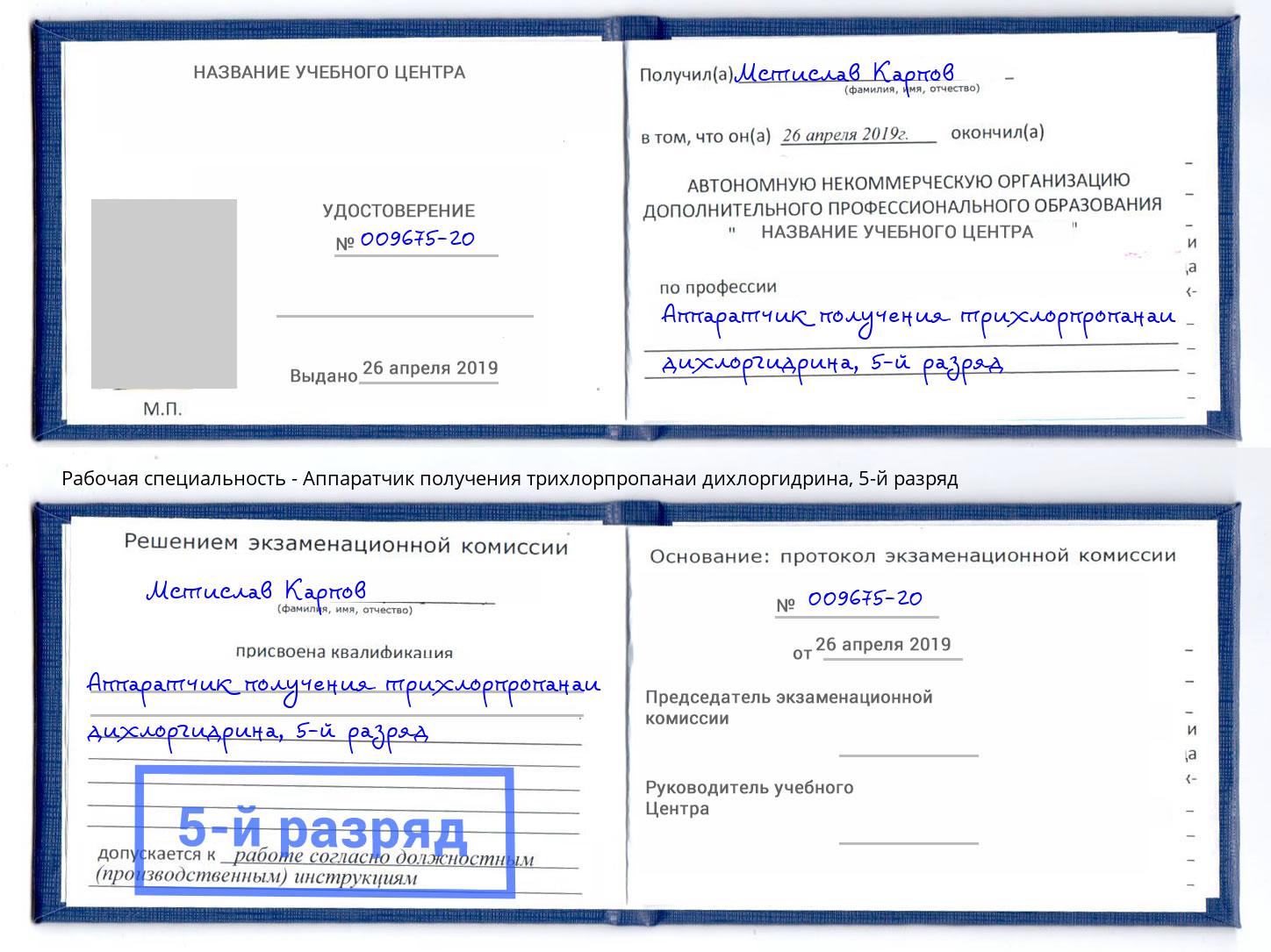 корочка 5-й разряд Аппаратчик получения трихлорпропанаи дихлоргидрина Железногорск (Курская обл.)