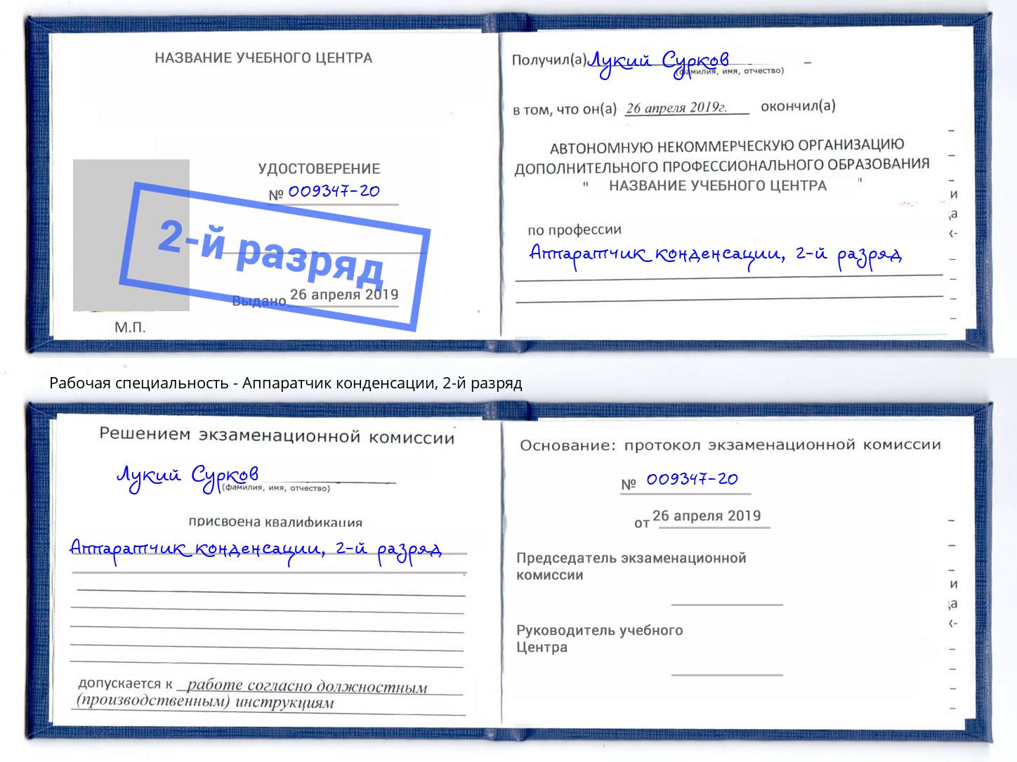 корочка 2-й разряд Аппаратчик конденсации Железногорск (Курская обл.)