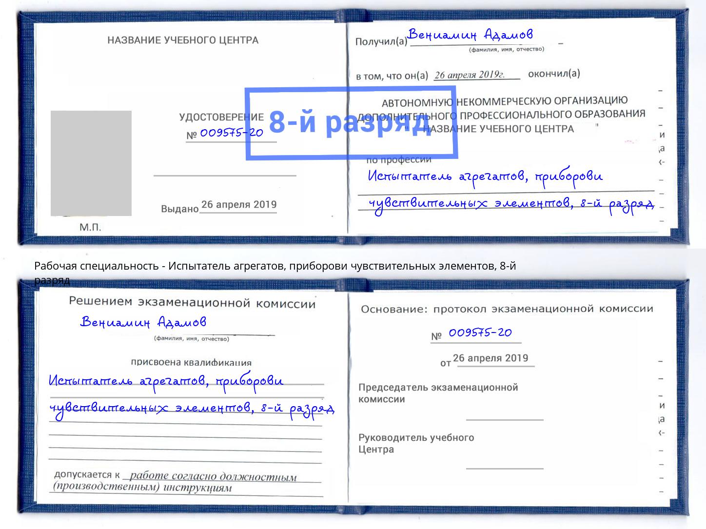 корочка 8-й разряд Испытатель агрегатов, приборови чувствительных элементов Железногорск (Курская обл.)