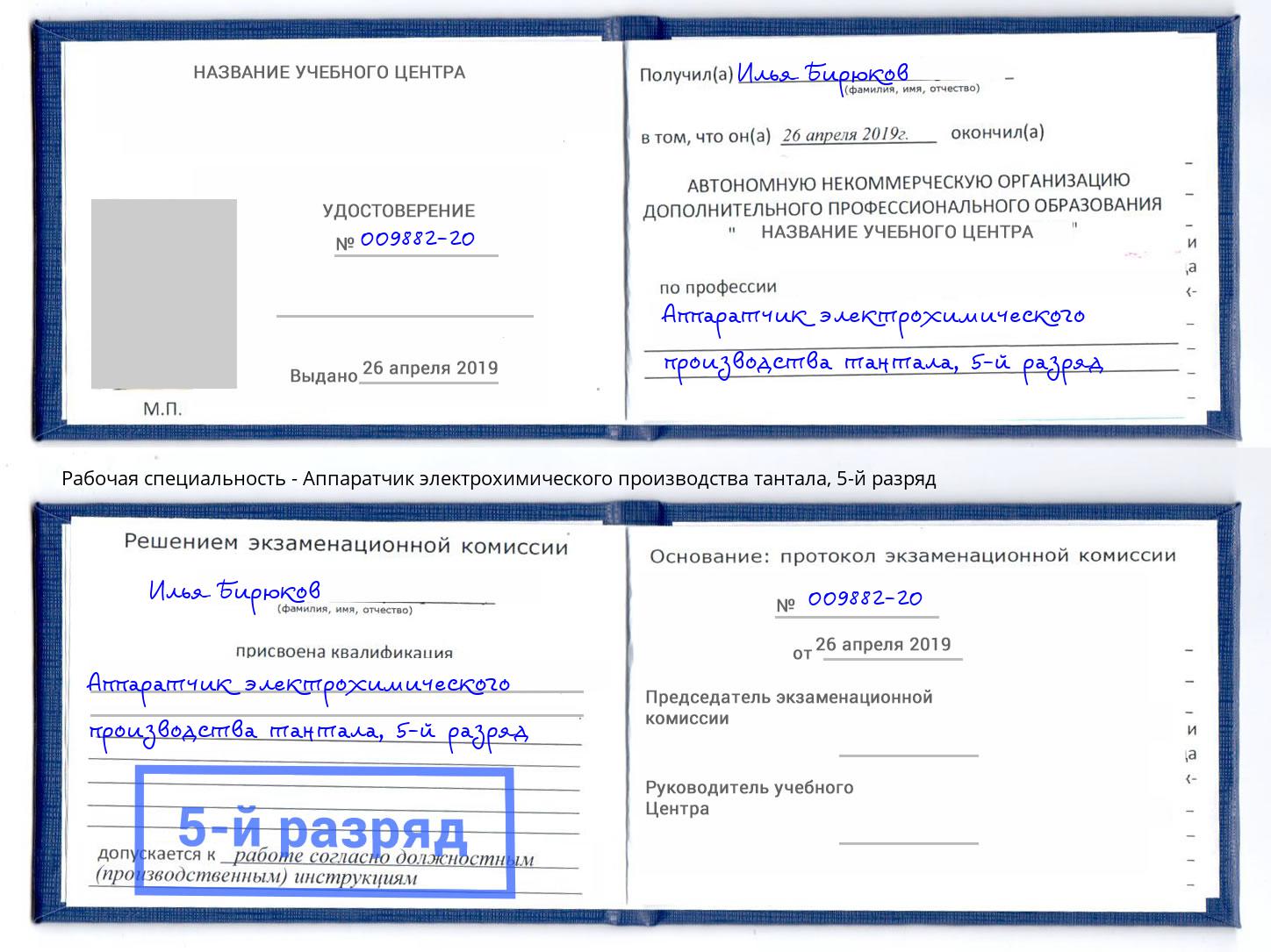 корочка 5-й разряд Аппаратчик электрохимического производства тантала Железногорск (Курская обл.)